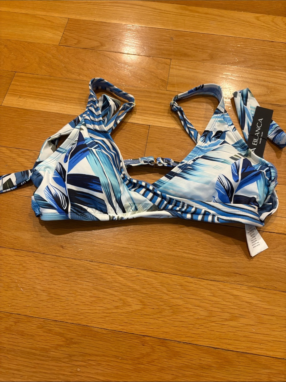 La Blanca Blue and White Tropical Print Bikini Top